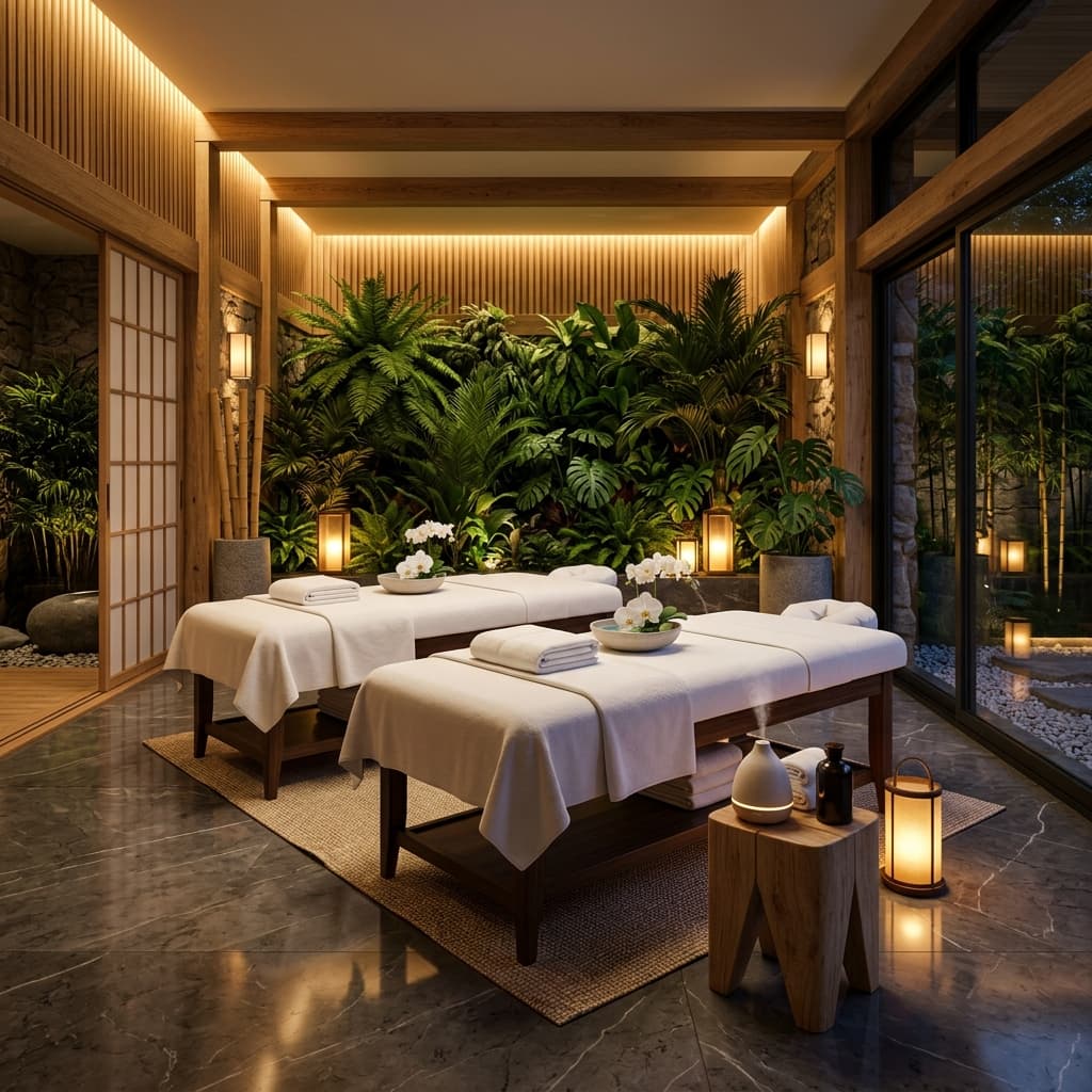 Luxury spa interior with warm golden lighting